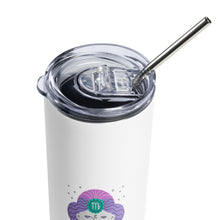 Load image into Gallery viewer, Zodiac Virgo Stainless Steel Tumbler | Front View | 20 oz | Top View Straw &amp; Cover | The Wishful Fish
