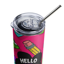 Load image into Gallery viewer, HELLO FOURTH GRADE Stainless Steel Tumbler For Teachers | Close Up View With Lid &amp; Straw | Shop The Wishful Fish
