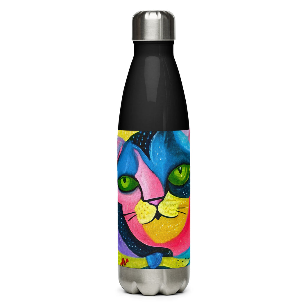 Whimsical Kat Stainless Steel Water Bottle | Black | Front View | The Wishful Fish