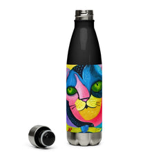 Load image into Gallery viewer, Whimsical Kat Stainless Steel Water Bottle | Black | Front View | The Wishful Fish
