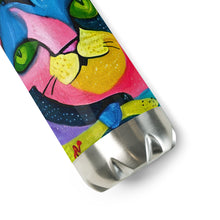 Load image into Gallery viewer, Whimsical Kat Stainless Steel Water Bottle | White  &amp; Black | Close Up View | The Wishful Fish
