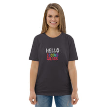 Load image into Gallery viewer, HELLO SECOND GRADE Unisex Organic Cotton T Shirt For Teachers | Anthracite | Front View Lifestyle Female Teacher | Shop The Wishful Fish
