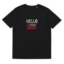 Load image into Gallery viewer, HELLO SECOND GRADE Unisex Organic Cotton T Shirt For Teachers | Black | Front View | Shop The Wishful Fish
