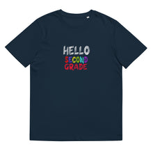 Load image into Gallery viewer, HELLO SECOND GRADE Unisex Organic Cotton T Shirt For Teachers | French Navy | Front View | Shop The Wishful Fish
