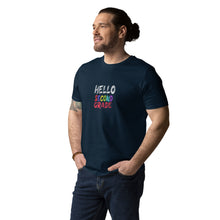Load image into Gallery viewer, HELLO SECOND GRADE Unisex Organic Cotton T Shirt For Teachers | French Navy | Front View Lifestyle Photo Male Teacher | Shop The Wishful Fish
