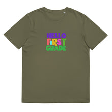 Load image into Gallery viewer, HELLO FIRST GRADE Unisex Organic Cotton T Shirt For Teachers | Khaki | Front View | Shop The Wishful Fish
