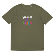 Load image into Gallery viewer, HELLO FOURTH GRADE Unisex Organic Cotton T Shirt For Teachers | Khaki | Front View | Shop The Wishful Fish
