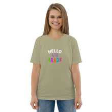 Load image into Gallery viewer, HELLO FOURTH GRADE Unisex Organic Cotton T Shirt For Teachers | Sage | Front View Lifestyle Photo of Female Teacher | Shop The Wishful Fish
