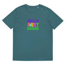 Load image into Gallery viewer, HELLO FIRST GRADE Unisex Organic Cotton T Shirt For Teachers | Stargazer | Front View | Shop The Wishful Fish
