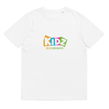 Load image into Gallery viewer, HELLO KINDERGARTEN Unisex Organic Cotton T Shirt  Sizes S-2XL | White | Front View | Shop The Wishful Fish
