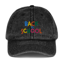 Load image into Gallery viewer, &quot;Back To School&quot; Vintage Cotton Twill Baseball Cap | Black | One Size Fits All | Front View | The Wishful Fish
