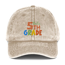 Load image into Gallery viewer, HELLO FIFTH GRADE Vintage Cotton Twill Embroidered Baseball Cap | Front View | Khaki | Shop The Wishful Fish
