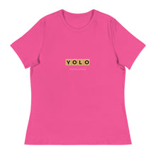 Load image into Gallery viewer, YOLO (You Only Live Once) Women&#39;s Relaxed T Shirt | Berry | Front View | Shop The Wishful Fish
