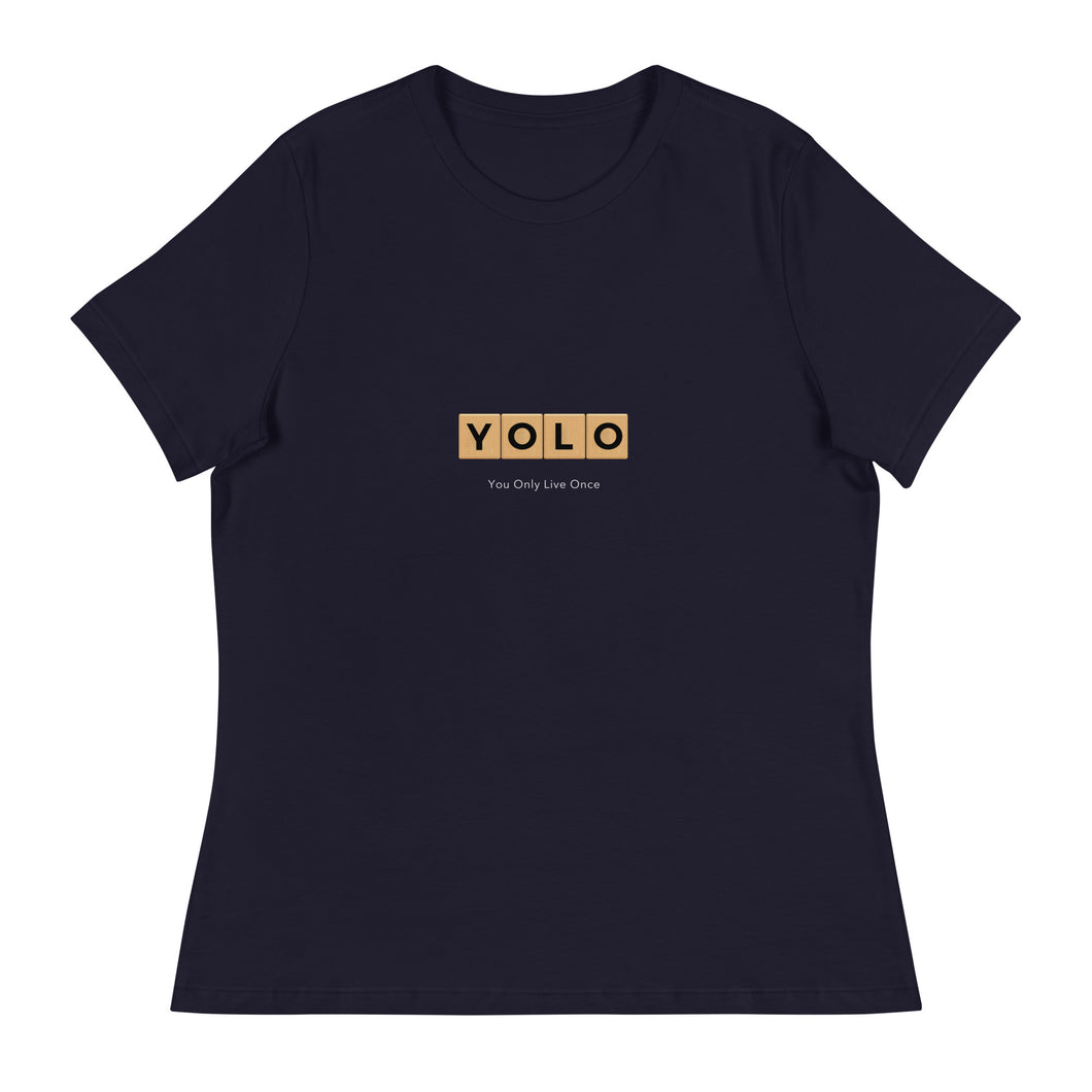 YOLO (You Only Live Once) Women's Relaxed T Shirt | Navy | Front View | Shop The Wishful Fish