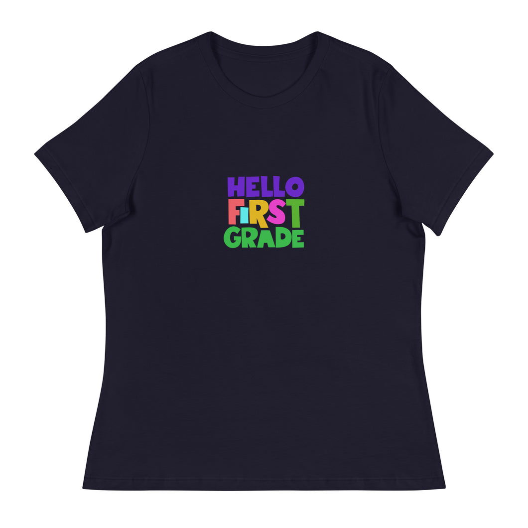 HELLO FIRST GRADE Women's Relaxed T-Shirts For Teachers | Navy | Front View | Shop The Wishful Fish