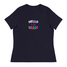 Load image into Gallery viewer, HELLO FOURTH GRADE Women&#39;s Relaxed T Shirt For Teachers | Navy | Front View | Shop The Wishful Fish

