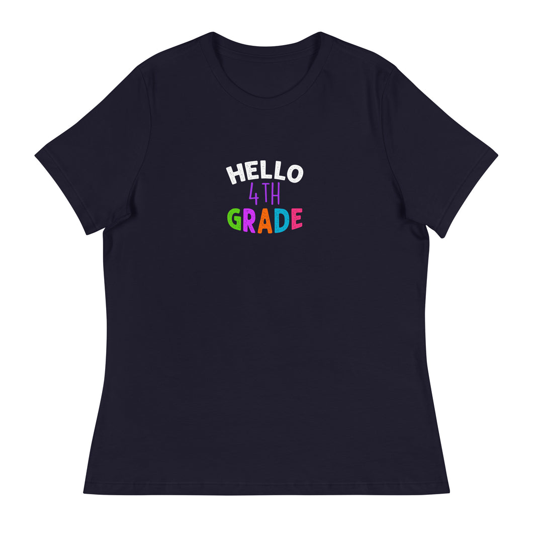 HELLO FOURTH GRADE Women's Relaxed T Shirt For Teachers | Navy | Front View | Shop The Wishful Fish