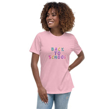 Load image into Gallery viewer, BACK TO SCHOOL Women&#39;s Relaxed T Shirt For Teachers | Pink | Front View Lifestyle | Shop The Wishful Fish
