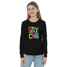 Load image into Gallery viewer, &quot;Stay Chill&quot; Long Sleeve Kids T Shirt | Sizes S | M | L | Lifestyle Photo of Girl |  Black |  Shop The Wishful Fish
