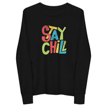 Load image into Gallery viewer, &quot;Stay Chill&quot; Long Sleeve Kids T Shirt | Sizes S | M | L | Front View | Black | Shop The Wishful Fish
