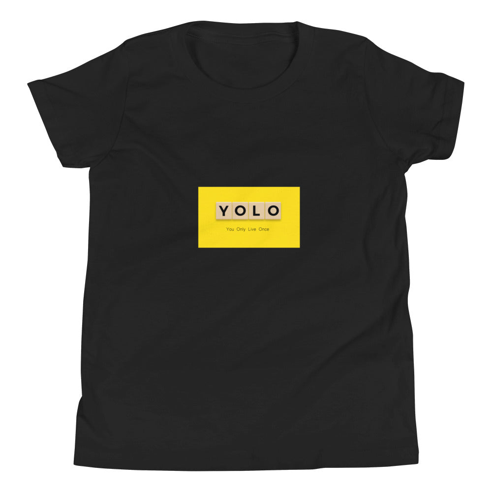 YOLO (You Only Live Once ) Youth Short Sleeve T Shirt | Black | Front View | Shop The Wishful Fish