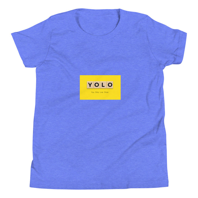 YOLO (You Only Live Once ) Youth Short Sleeve T Shirt | Heather Columbia Blue | Front View | Shop The Wishful Fish