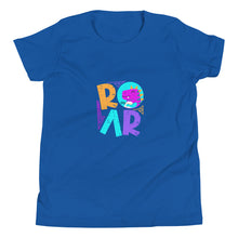 Load image into Gallery viewer, &quot;Roar&quot; Youth Short Sleeve T Shirt | Royal Blue | Front View | Shop The Wishful Fish
