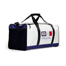 Load image into Gallery viewer, Watch Hill, Rhode Island Duffle Bag | Side View | Navy Blue | Shop The Wishful Fish
