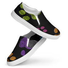 Load image into Gallery viewer, Fun Colorful Paw Prints Men’s Slip-On Canvas Shoes | Side View
