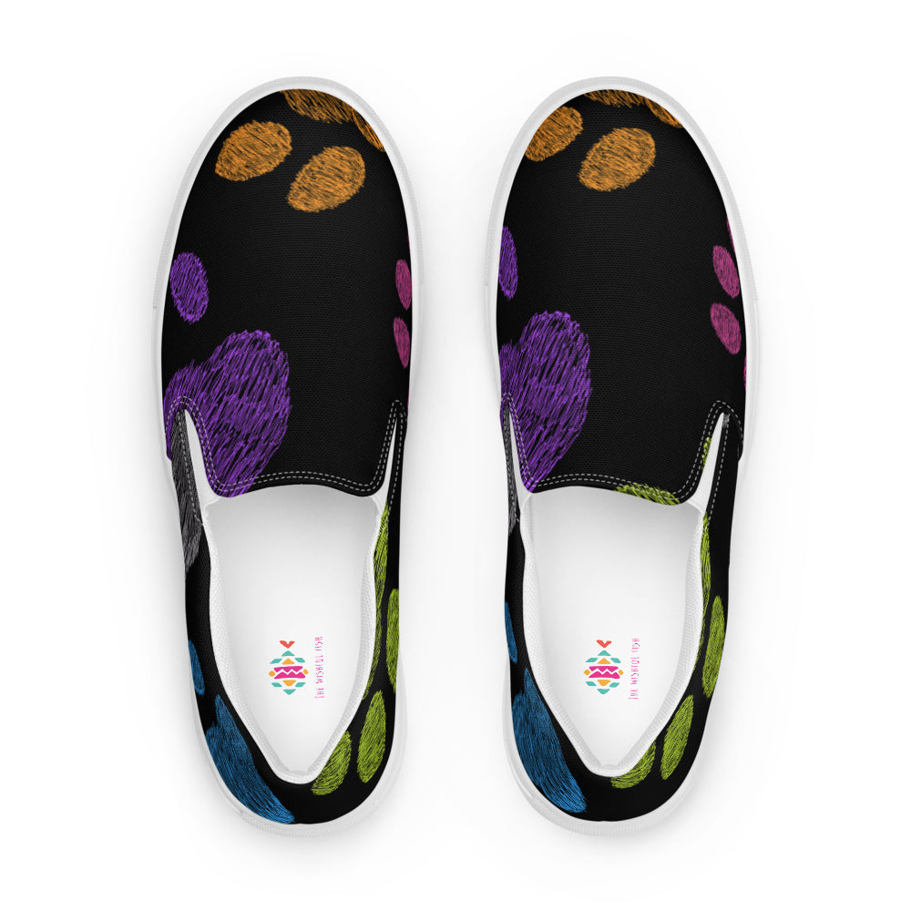 Fun Colorful Paw Prints Men’s Slip-On Canvas Shoes | Front View