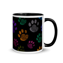 Load image into Gallery viewer, Fun Colorful Paw Print Mug | Black Handle and Inside

