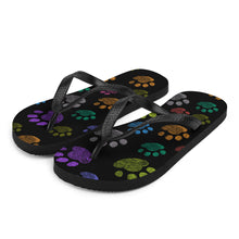 Load image into Gallery viewer, Fun Colorful Paw Print Flip Flops | Side View | The Wishful Fish Shop
